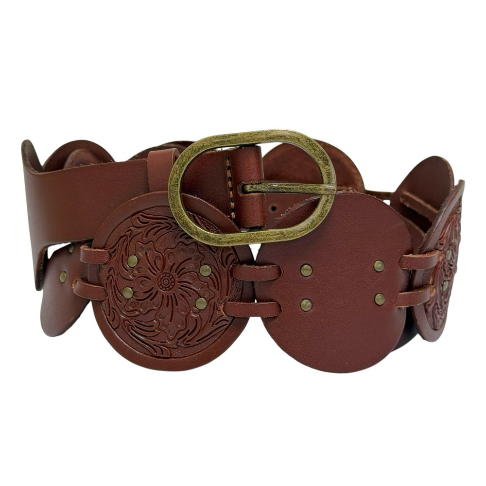 Lucky Brand Women's Large Floral Embossed Brown 100% Leather Belt Circles NWT